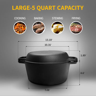 2-in-1 Pre-Seasoned Cast Iron Dutch Oven with Skillet Lid