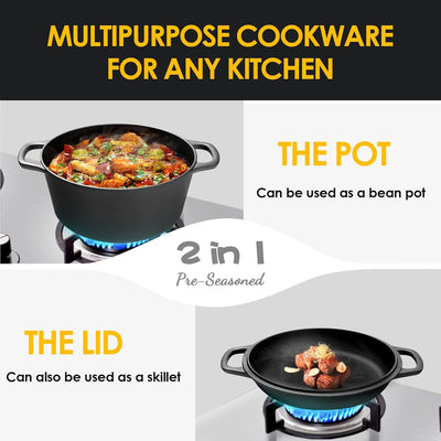 2-in-1 Pre-Seasoned Cast Iron Dutch Oven with Skillet Lid