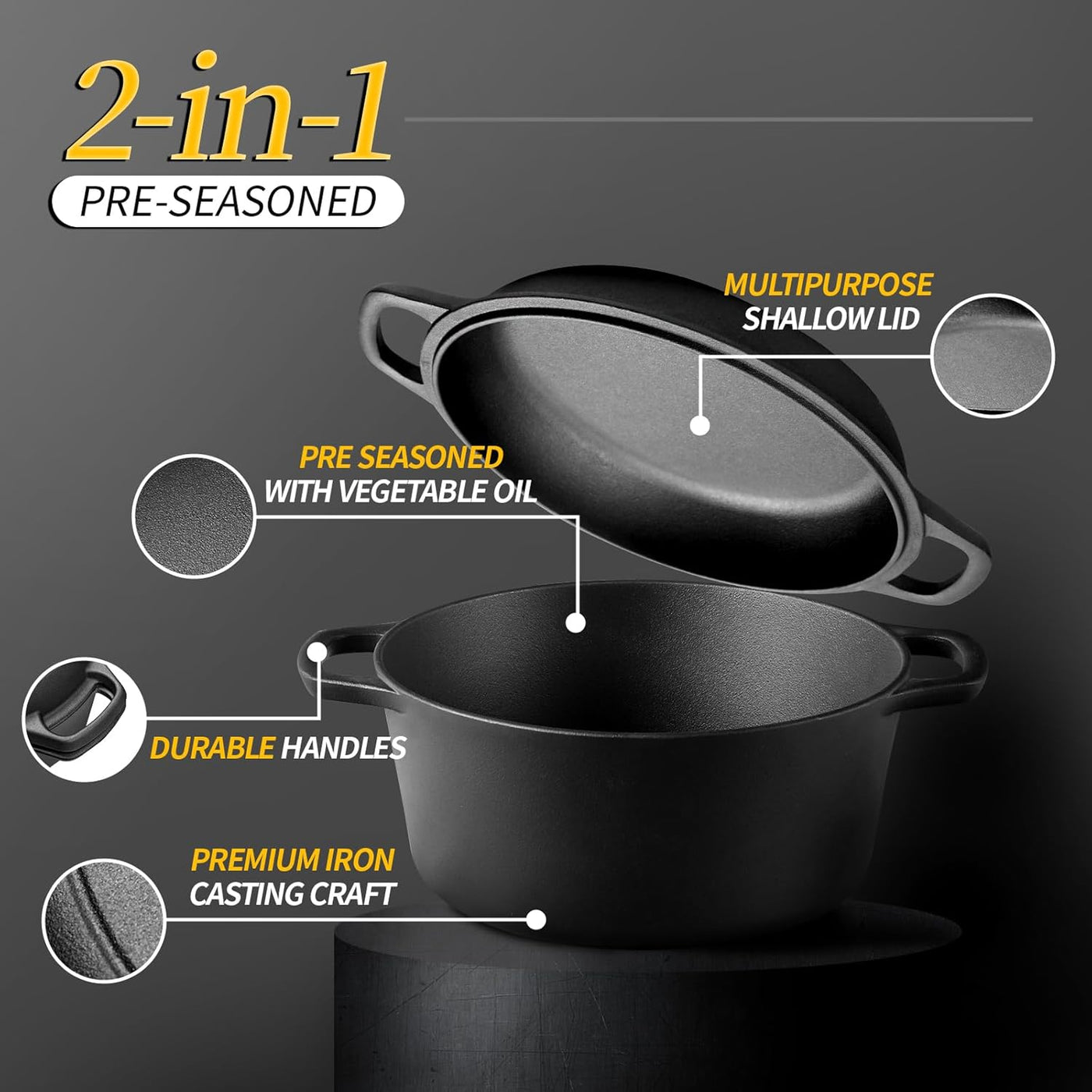 2-in-1 Pre-Seasoned Cast Iron Dutch Oven with Skillet Lid