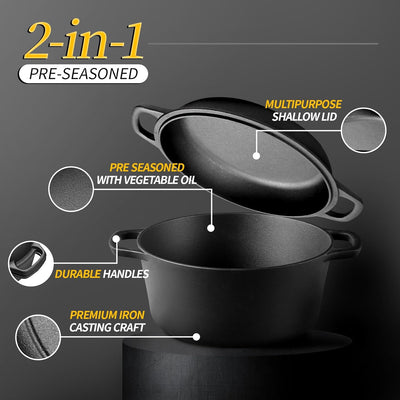 2-in-1 Pre-Seasoned Cast Iron Dutch Oven with Skillet Lid