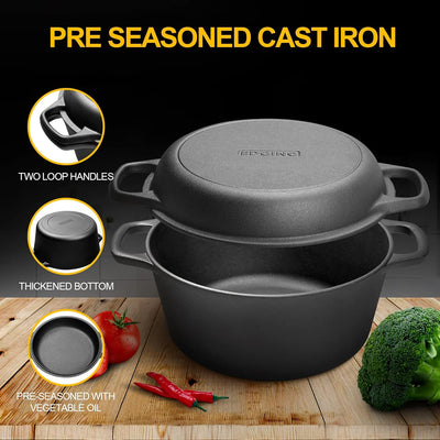 2-in-1 Pre-Seasoned Cast Iron Dutch Oven with Skillet Lid